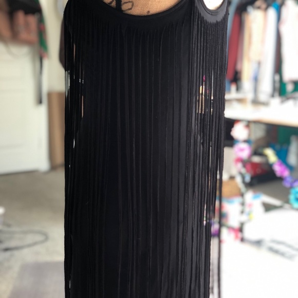 Peep Toe Black Fringe All Over Mini Dress - Picture 6 of 14